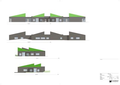 Fasadetegning som viser fire ulike vinkler (Fasade SV, NS, NV, SS) på en bygning med skrå tak og vindusoppsett.