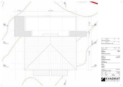 Fasadetegning som viser bygningens utseende fra fronten med mål og detaljer.