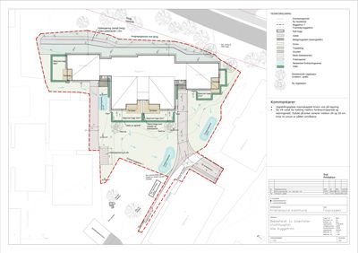 Situasjonsplan som viser tomtens grenser, bygningers plassering, beplantning og infrastruktur.