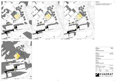Situasjonsplaner som viser bygningenes plassering i forhold til hverandre og terrenget, med solholdsanalyse.