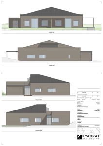 Fasadetegning som viser bygningens utseende fra fire ulike vinkler (SV, NØ, NV, SØ).