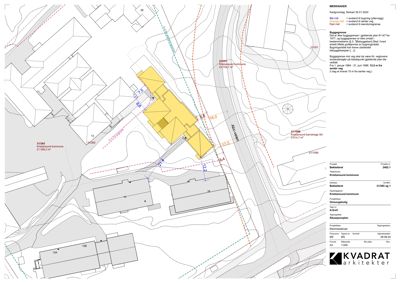 Situasjonsplan som viser tomtens beliggenhet, naboeiendommer, avgrensninger og avstander til vei.