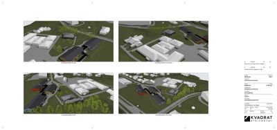 Bildet viser fire 3D-visualiseringer (renderinger) av et byggeprosjekt fra ulike vinkler (fra sør, nord, vest og øst).
