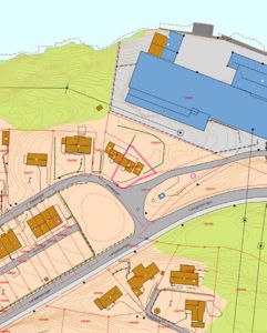 Situasjonsplan som viser tomtens plassering i forhold til nabolag, veier (Larsgledningen), terrengforhold (konturlinjer) og eksisterende bygninger.