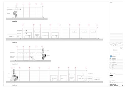 Bildet viser en fasadeoversikt med tegninger av bygningens fasader sett fra fire sider (nord, øst, sør, vest).