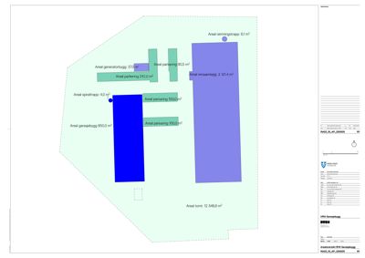 Situasjonsplan som viser arealoppsett for en garasjebygg-prosjekt, inkludert parkeringsplasser, rammeverk og tomteareal.