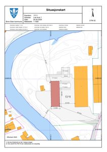 Situasjonskart som viser eiendomsnummer 17/11, adresse Loe bruk 7, med topografi, naboeiendommer og bygningsplassering.