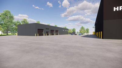 3D-visualisering av en industribygning med ladeganger og parkeringsplass.