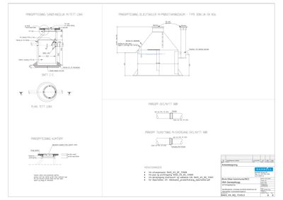 Prinsipp- og detaljtegninger for tekniske installasjoner (sandfangskull, oljefatsskjermer, eks/nytt rør) i en byggesak.