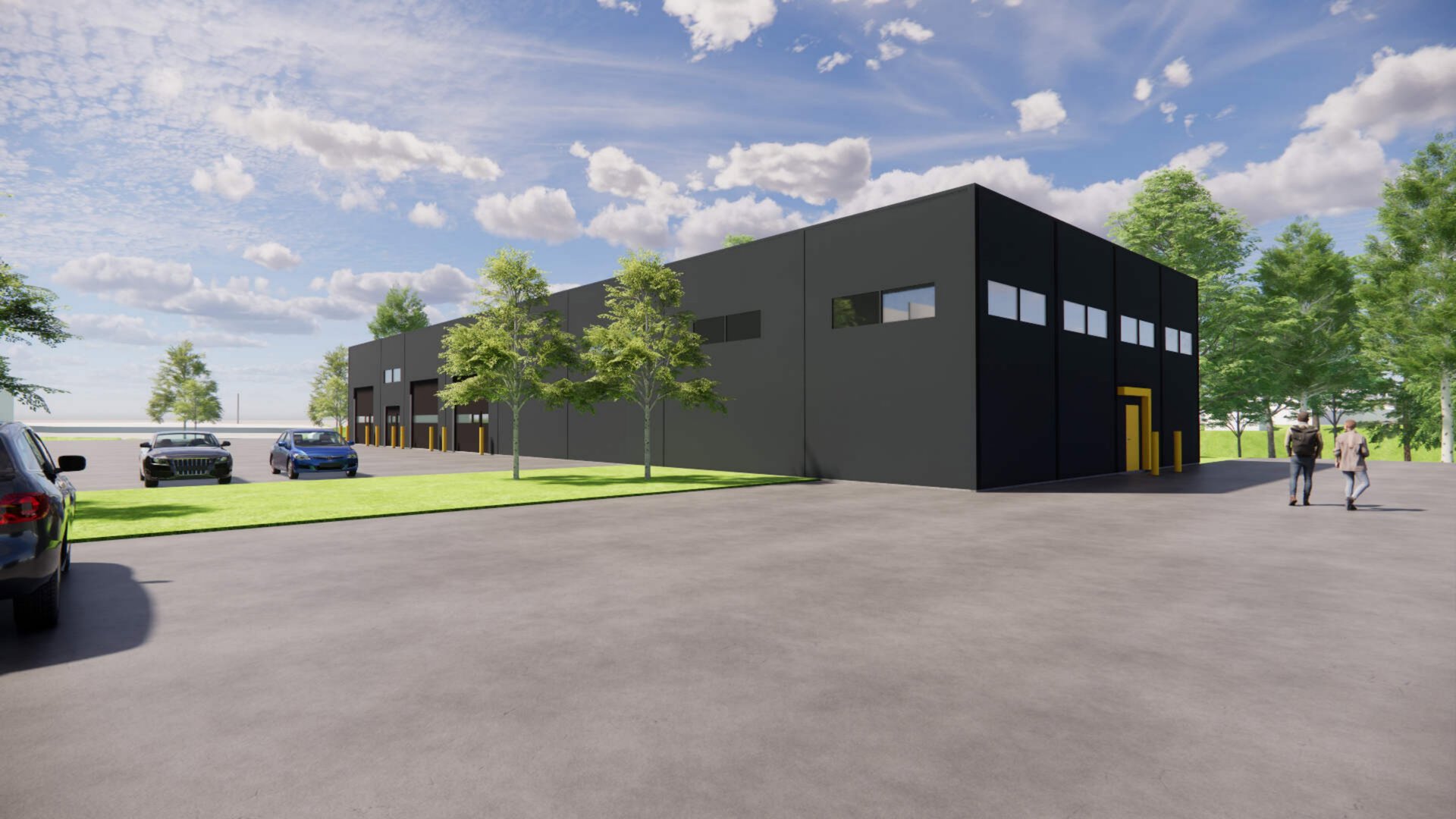 3D-visualisering av en planlagt industribygning med omgivende parkeringsplass, trær og bil.