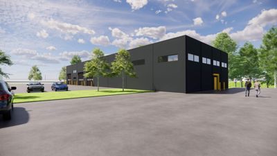 3D-visualisering av en planlagt industribygning med omgivende parkeringsplass, trær og bil.