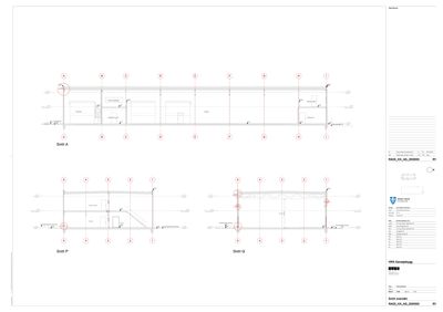 Bildet viser tre snittegninger (Snitt A, Snitt P, Snitt Q) av en bygning med veggtykkelse, takkonstruksjon og romoppdeling.