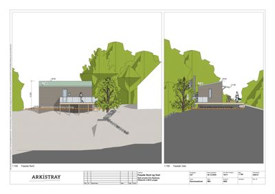 Fasadetegning som viser bygningens utseende fra nord og vest, inkludert terrengforhold, trapper og detaljer.