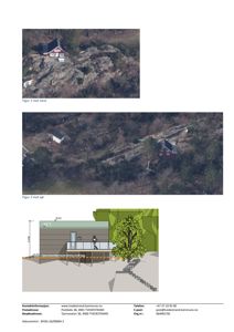Bildet viser en blanding av bilder fra en byggesak: to flyfoto (Figur 1 og Figur 2) som viser eksisterende hus på tomten, samt en 3D-rendering (nederste bilde) som viser et forslag til nybygging eller tilbygg. Bildene illustrerer situasjonen på stedet.