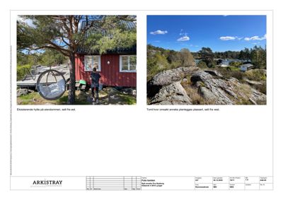 Fotografier av eksisterende tomt og hytte med beskrivende tekst.