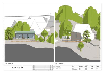Fasadetegning som viser bygningens utseende fra sør og øst med omgivelsene.