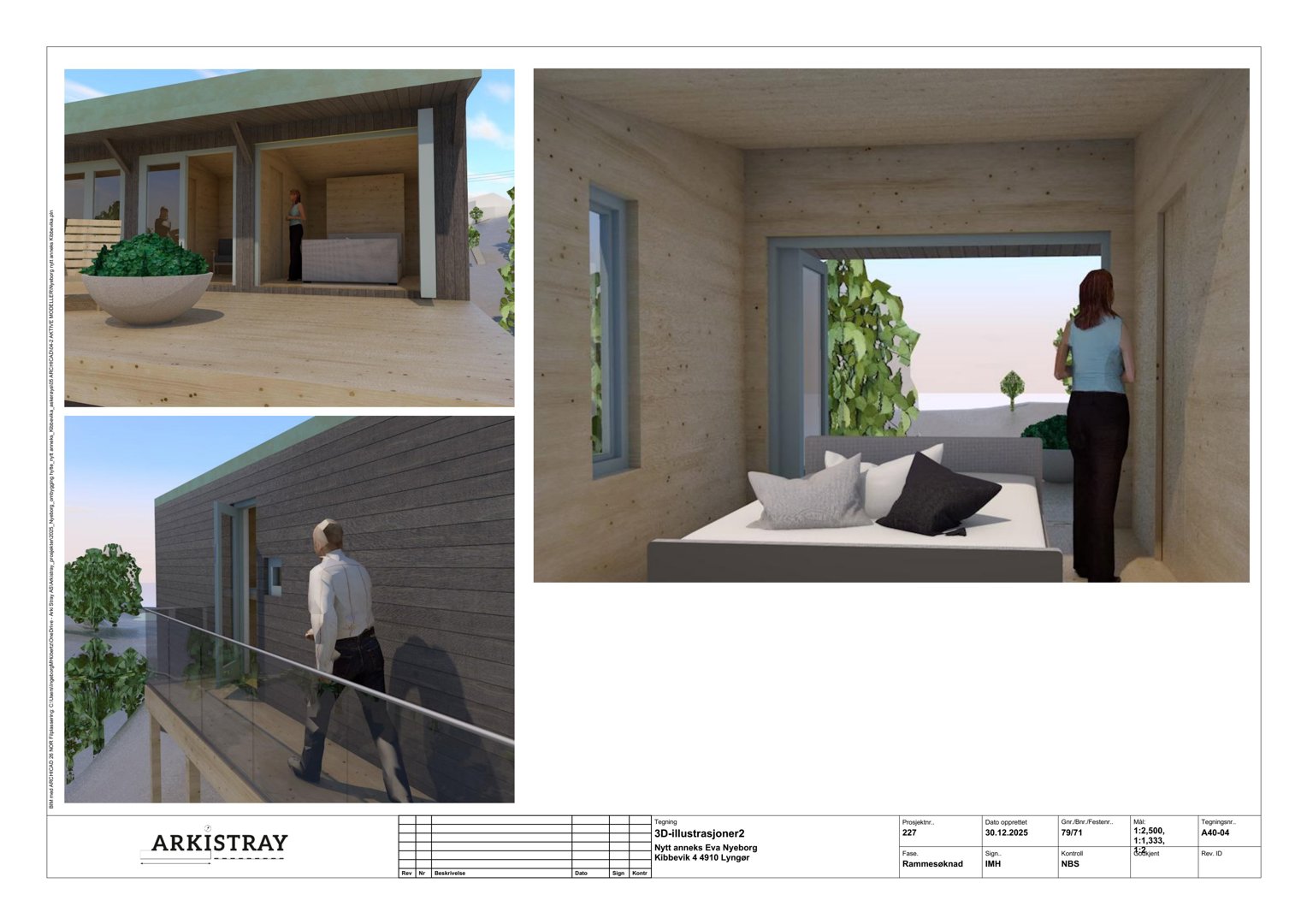 3D-visualisering (rendering) av en boliginteriør og fasade med innvendige detaljer.