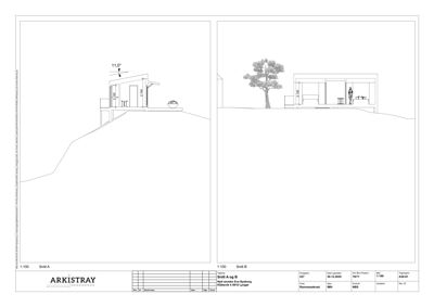 Snittegning (Snitt A og B) som viser bygningens tverrsnitt, høyder, takform og forhold til terreng.