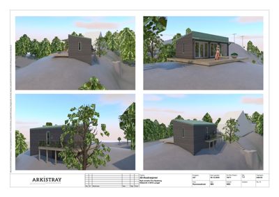 Bildet viser fire 3D-visualiseringer (renderinger) av en planlagt hytte i ulike vinkler og perspektiver, inkludert et nærbilde av fasaden og et utsnitt fra innsiden.