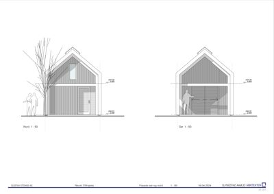 Fasadetegning som viser bygningens utseende sett fra nord og sør, inkludert vinduer, dører og fasadematerialer.