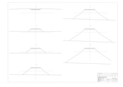Tegning som viser detaljerte snitt eller oppriss av en konstruksjon (sannsynligvis en dam eller en skråning) sett fra siden. Tegningen viser høydeforskjeller og formen på konstruksjonen.