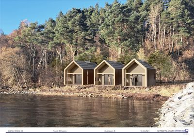 3D-visualisering (rendering) av tre hytter ved vannet med skogbakgrunn