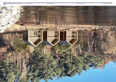 3D-visualisering (rendering) av tre hytter ved vannet i et skogsmiljø.