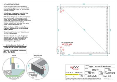 Teknisk detaljtegning for utførelse av ringmur og port, inkludert snitt og mål.