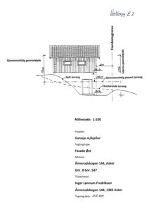 Fasadetegning som viser bygningens utseende sett fra øst, med høydeangivelser og terrengforhold.