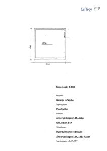 Etasjeplan for kjeller (kjellerplan) av en garasje, med mål og prosjektinformasjon.