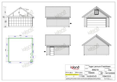Fasadetegning av en garasje sett fra flere vinkler (front, side, og snitt), med mål og detaljer.