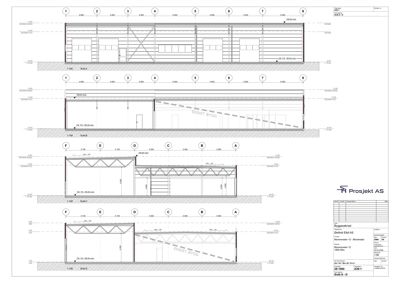 Snittegning som viser tverrsnitt gjennom en bygning med oppgitt høyder, takhøyder og konstruksjonsdetaljer.