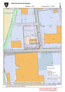 Situasjonsplan (kart) som viser eiendomsnummer, tomteareal, eksisterende bebyggelse og beregnet bebyggelsesareal (BYA).