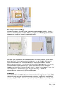 Bildet viser en situasjonsplan som illustrerer plasseringen av et eksisterende bygg i forhold til eiendomsgrenser og regulert byggegrense mot vei.