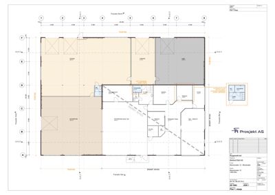 Etasjeplan (Plan 1. etasje) som viser romfordeling, vegger og dimensjoner for en eksisterende bygning.