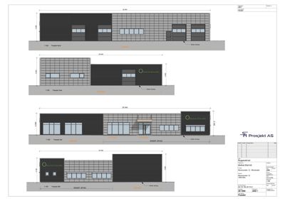 Fasadetegning som viser bygningens utseende fra fire ulike sider (Nord, Vest, Sør og Øst).