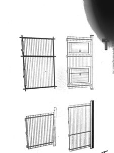 Teknisk tegning som viser detaljert oppriss og utsnitt av en gatehekk eller gjerde.