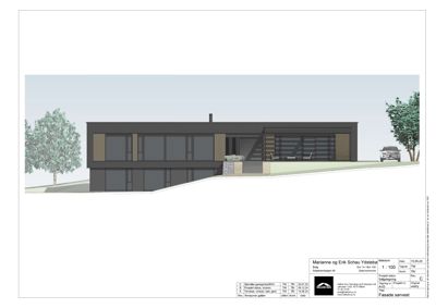 3D-visualisering (rendering) av fasaden sett fra sørvest.