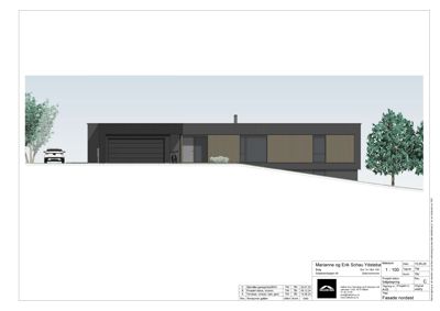 Fasadetegning som viser bygningens utseende sett fra nordøst.