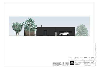 Fasadetegning som viser bygningens utseende sett fra sørøst, inkludert vinduer, dører og takform.