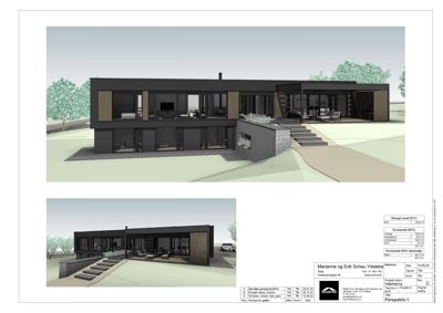 3D-visualisering (perspektivtegning) av en planlagt bolig med omgivelser.