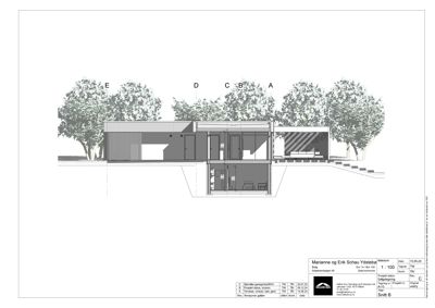 Snittegning (Snitt B) som viser bygningens tverrsnitt, romfordeling og konstruksjon.