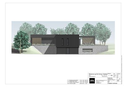 3D-visualisering av fasaden til en planlagt bolig sett fra nordvest.