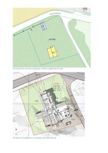 Bildet viser to situasjonsplaner (tomtekart) for eiendommen 14/140. Den øverste plan viser eksisterende bygninger, mens den nedre plan viser en ny planlagt enebolig med dobbel garasje.