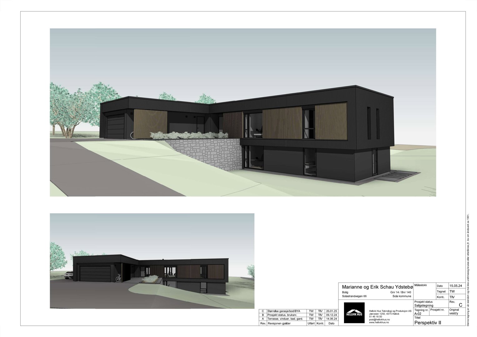 3D-visualisering (perspektivtegning) av en planlagt bolig med to utsynsvinkler.