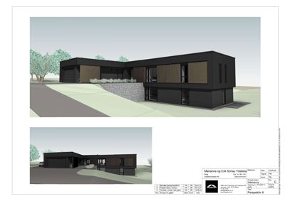 3D-visualisering (perspektivtegning) av en planlagt bolig med to utsynsvinkler.