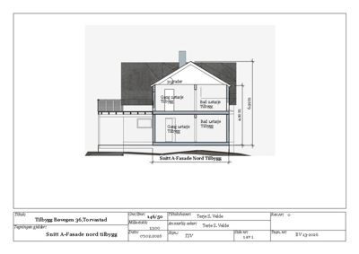 Snittegning som viser tverrsnittet av en tilbygg til en bolig, med oppgitt høyder og romfordeling.