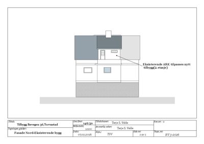 Fasadetegning som viser fronten på en eksisterende bygning med en planlagt tilbygg på 2. etasje.