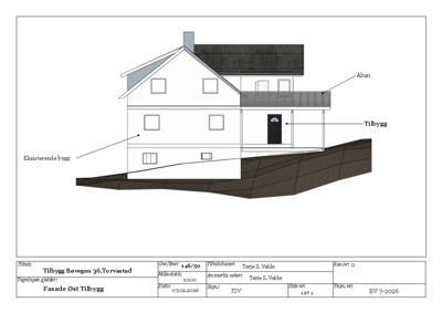 Fasadetegning som viser et tverrsnitt av en eksisterende bygning og en tilbygg. Tegningen illustrerer hvordan den nye delen (tilbygg) med altan kobles til den eksisterende delen, inkludert takform og vindusoppsett.