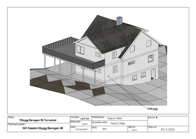 ISO-fasade (isometrisk fasadetegning) av en tilbygg til en eksisterende bygning.